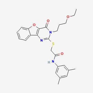 molecular formula C25H27N3O4S B2878439 N-(3,5-dimethylphenyl)-2-{[3-(3-ethoxypropyl)-4-oxo-3,4-dihydro[1]benzofuro[3,2-d]pyrimidin-2-yl]sulfanyl}acetamide CAS No. 866894-87-3
