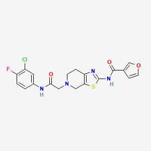 molecular formula C19H16ClFN4O3S B2878450 N-(5-(2-((3-chloro-4-fluorophenyl)amino)-2-oxoethyl)-4,5,6,7-tetrahydrothiazolo[5,4-c]pyridin-2-yl)furan-3-carboxamide CAS No. 1428350-64-4