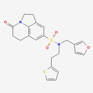 molecular formula C22H22N2O4S2 B2878614 N-[(furan-3-yl)methyl]-11-oxo-N-[2-(thiophen-2-yl)ethyl]-1-azatricyclo[6.3.1.0^{4,12}]dodeca-4(12),5,7-triene-6-sulfonamide CAS No. 1797620-53-1