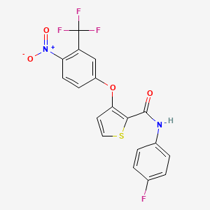 molecular formula C18H10F4N2O4S B2878626 N-(4-fluorophenyl)-3-[4-nitro-3-(trifluoromethyl)phenoxy]thiophene-2-carboxamide CAS No. 306977-62-8