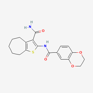 molecular formula C19H20N2O4S B2878633 N-(3-carbamoyl-5,6,7,8-tetrahydro-4H-cyclohepta[b]thiophen-2-yl)-2,3-dihydro-1,4-benzodioxine-6-carboxamide CAS No. 477556-27-7