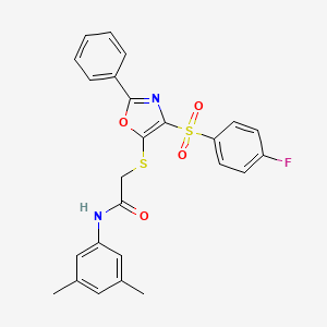 molecular formula C25H21FN2O4S2 B2878666 N-(3,5-DIMETHYLPHENYL)-2-{[4-(4-FLUOROBENZENESULFONYL)-2-PHENYL-1,3-OXAZOL-5-YL]SULFANYL}ACETAMIDE CAS No. 850926-00-0