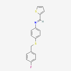 molecular formula C18H14FNS2 B2878823 N-{4-[(4-fluorobenzyl)sulfanyl]phenyl}-N-(2-thienylmethylene)amine CAS No. 882083-97-8