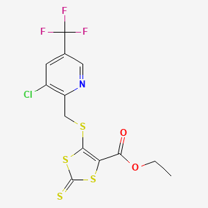molecular formula C13H9ClF3NO2S4 B2878853 Ethyl 5-({[3-chloro-5-(trifluoromethyl)-2-pyridinyl]methyl}sulfanyl)-2-thioxo-1,3-dithiole-4-carboxylate CAS No. 338793-54-7