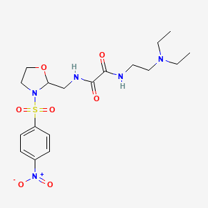 molecular formula C18H27N5O7S B2879092 N1-(2-(diethylamino)ethyl)-N2-((3-((4-nitrophenyl)sulfonyl)oxazolidin-2-yl)methyl)oxalamide CAS No. 868981-85-5