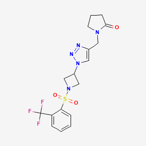 molecular formula C17H18F3N5O3S B2879221 1-((1-(1-((2-(trifluoromethyl)phenyl)sulfonyl)azetidin-3-yl)-1H-1,2,3-triazol-4-yl)methyl)pyrrolidin-2-one CAS No. 2034403-35-3