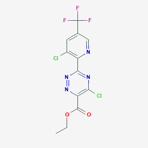 molecular formula C12H7Cl2F3N4O2 B2879244 Ethyl 5-chloro-3-[3-chloro-5-(trifluoromethyl)-2-pyridinyl]-1,2,4-triazine-6-carboxylate CAS No. 2058814-78-9