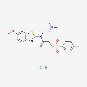 molecular formula C22H28ClN3O4S2 B2879253 N-(2-(dimethylamino)ethyl)-N-(6-methoxybenzo[d]thiazol-2-yl)-3-tosylpropanamide hydrochloride CAS No. 1215576-24-1