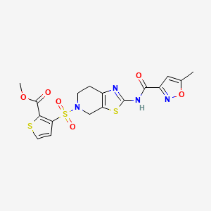 molecular formula C17H16N4O6S3 B2879292 methyl 3-((2-(5-methylisoxazole-3-carboxamido)-6,7-dihydrothiazolo[5,4-c]pyridin-5(4H)-yl)sulfonyl)thiophene-2-carboxylate CAS No. 1396784-09-0