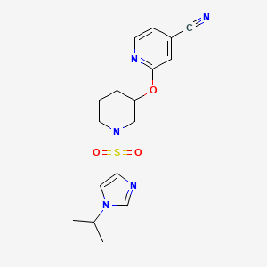 molecular formula C17H21N5O3S B2879308 2-((1-((1-异丙基-1H-咪唑-4-基)磺酰基)哌啶-3-基)氧基)异烟腈 CAS No. 2034474-46-7