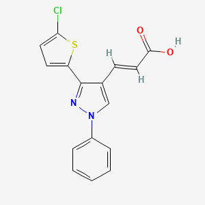 molecular formula C16H11ClN2O2S B2879315 (E)-3-[3-(5-chlorothiophen-2-yl)-1-phenylpyrazol-4-yl]prop-2-enoic acid CAS No. 956387-15-8