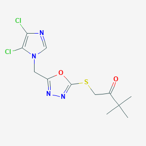 molecular formula C12H14Cl2N4O2S B2879477 1-({5-[(4,5-dichloro-1H-imidazol-1-yl)methyl]-1,3,4-oxadiazol-2-yl}thio)-3,3-dimethylbutan-2-one CAS No. 650617-20-2