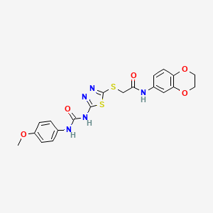 molecular formula C20H19N5O5S2 B2879652 N-(2,3-dihydro-1,4-benzodioxin-6-yl)-2-[(5-{[(4-methoxyphenyl)carbamoyl]amino}-1,3,4-thiadiazol-2-yl)sulfanyl]acetamide CAS No. 898461-75-1