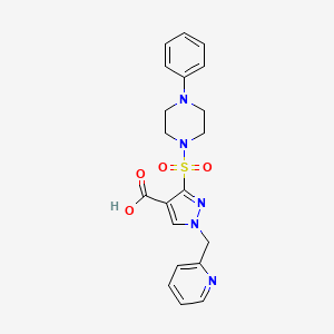 molecular formula C20H21N5O4S B2879676 3-((4-phenylpiperazin-1-yl)sulfonyl)-1-(pyridin-2-ylmethyl)-1H-pyrazole-4-carboxylic acid CAS No. 1251680-74-6