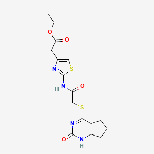molecular formula C16H18N4O4S2 B2879686 ethyl 2-(2-(2-((2-oxo-2,5,6,7-tetrahydro-1H-cyclopenta[d]pyrimidin-4-yl)thio)acetamido)thiazol-4-yl)acetate CAS No. 898450-08-3