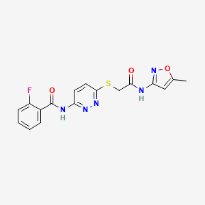 molecular formula C17H14FN5O3S B2879720 2-fluoro-N-(6-((2-((5-methylisoxazol-3-yl)amino)-2-oxoethyl)thio)pyridazin-3-yl)benzamide CAS No. 1021135-48-7