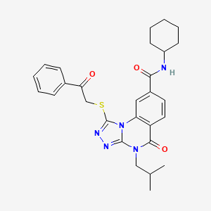 molecular formula C28H31N5O3S B2879724 N-cyclohexyl-4-(2-methylpropyl)-5-oxo-1-[(2-oxo-2-phenylethyl)sulfanyl]-4H,5H-[1,2,4]triazolo[4,3-a]quinazoline-8-carboxamide CAS No. 1114877-23-4