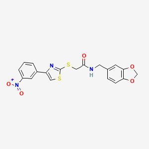molecular formula C19H15N3O5S2 B2879747 N-(苯并[d][1,3]二氧杂环-5-基甲基)-2-((4-(3-硝基苯基)噻唑-2-基)硫代)乙酰胺 CAS No. 727689-68-1