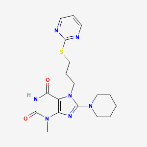molecular formula C18H23N7O2S B2879775 3-Methyl-8-piperidin-1-yl-7-(3-pyrimidin-2-ylsulfanylpropyl)purine-2,6-dione CAS No. 674815-99-7
