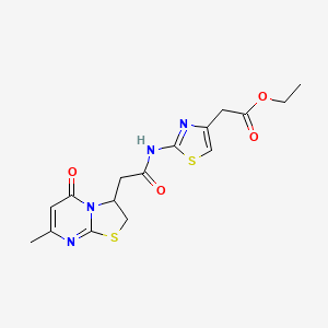 molecular formula C16H18N4O4S2 B2879785 ethyl 2-(2-(2-(7-methyl-5-oxo-3,5-dihydro-2H-thiazolo[3,2-a]pyrimidin-3-yl)acetamido)thiazol-4-yl)acetate CAS No. 946342-25-2