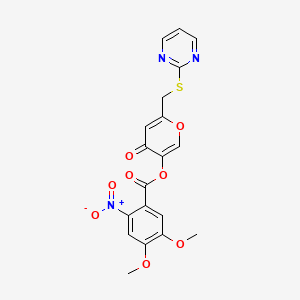 molecular formula C19H15N3O8S B2879826 4-oxo-6-((pyrimidin-2-ylthio)methyl)-4H-pyran-3-yl 4,5-dimethoxy-2-nitrobenzoate CAS No. 877637-84-8