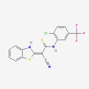 molecular formula C17H9ClF3N3S2 B2879835 2-(1,3-Benzothiazol-2-yl)-3-{[2-chloro-5-(trifluoromethyl)phenyl]amino}-3-sulfanylprop-2-enenitrile CAS No. 380335-48-8