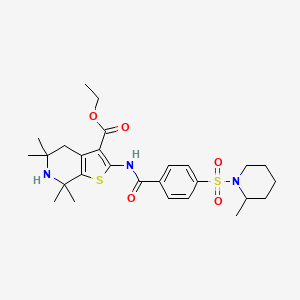 molecular formula C27H37N3O5S2 B2880006 Ethyl 5,5,7,7-tetramethyl-2-(4-((2-methylpiperidin-1-yl)sulfonyl)benzamido)-4,5,6,7-tetrahydrothieno[2,3-c]pyridine-3-carboxylate CAS No. 449783-07-7