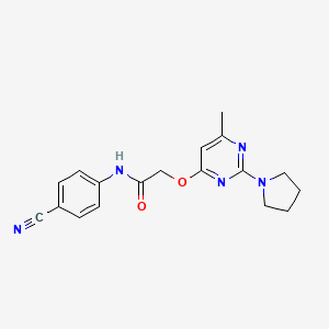 molecular formula C18H19N5O2 B2880190 N-(4-cyanophenyl)-2-{[6-methyl-2-(pyrrolidin-1-yl)pyrimidin-4-yl]oxy}acetamide CAS No. 1030097-32-5
