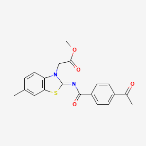 molecular formula C20H18N2O4S B2880265 methyl 2-[(2Z)-2-[(4-acetylbenzoyl)imino]-6-methyl-2,3-dihydro-1,3-benzothiazol-3-yl]acetate CAS No. 865197-29-1