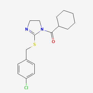 molecular formula C17H21ClN2OS B2880301 2-{[(4-chlorophenyl)methyl]sulfanyl}-1-cyclohexanecarbonyl-4,5-dihydro-1H-imidazole CAS No. 851801-49-5