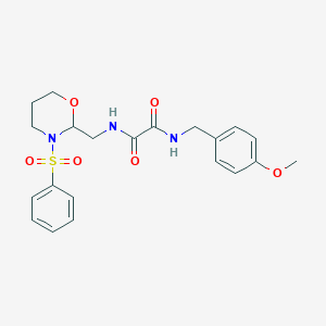 molecular formula C21H25N3O6S B2880552 N-{[3-(benzenesulfonyl)-1,3-oxazinan-2-yl]methyl}-N'-[(4-methoxyphenyl)methyl]ethanediamide CAS No. 872881-16-8