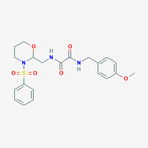 molecular formula C21H25N3O6S B2880552 N1-(4-methoxybenzyl)-N2-((3-(phenylsulfonyl)-1,3-oxazinan-2-yl)methyl)oxalamide CAS No. 872881-16-8