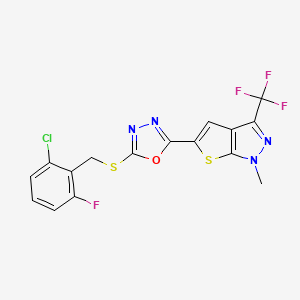 molecular formula C16H9ClF4N4OS2 B2880554 2-[(2-Chloro-6-fluorophenyl)methylsulfanyl]-5-[1-methyl-3-(trifluoromethyl)thieno[2,3-c]pyrazol-5-yl]-1,3,4-oxadiazole CAS No. 339103-41-2