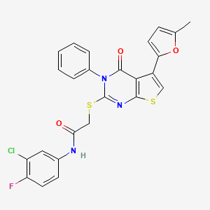 molecular formula C25H17ClFN3O3S2 B2880614 N-(3-chloro-4-fluorophenyl)-2-{[5-(5-methylfuran-2-yl)-4-oxo-3-phenyl-3H,4H-thieno[2,3-d]pyrimidin-2-yl]sulfanyl}acetamide CAS No. 690645-03-5