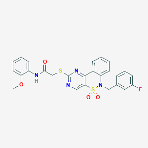 molecular formula C26H21FN4O4S2 B2881117 2-((6-(3-fluorobenzyl)-5,5-dioxido-6H-benzo[c]pyrimido[4,5-e][1,2]thiazin-2-yl)thio)-N-(2-methoxyphenyl)acetamide CAS No. 895098-97-2