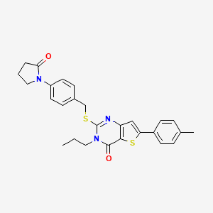 molecular formula C27H27N3O2S2 B2881137 1-[4-({[6-(4-methylphenyl)-4-oxo-3-propyl-3H,4H-thieno[3,2-d]pyrimidin-2-yl]sulfanyl}methyl)phenyl]pyrrolidin-2-one CAS No. 1185133-02-1