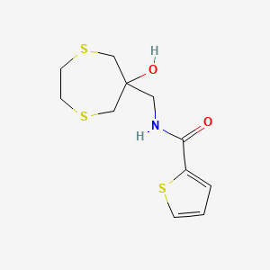 molecular formula C11H15NO2S3 B2881189 N-[(6-Hydroxy-1,4-dithiepan-6-yl)methyl]thiophene-2-carboxamide CAS No. 2415466-33-8