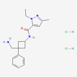 molecular formula C18H26Cl2N4O B2881248 N-[3-(Aminomethyl)-3-phenylcyclobutyl]-2-ethyl-5-methylpyrazole-3-carboxamide;dihydrochloride CAS No. 2418727-52-1
