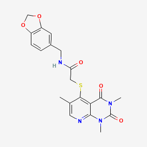 molecular formula C20H20N4O5S B2881256 N-(benzo[d][1,3]dioxol-5-ylmethyl)-2-((1,3,6-trimethyl-2,4-dioxo-1,2,3,4-tetrahydropyrido[2,3-d]pyrimidin-5-yl)thio)acetamide CAS No. 899940-13-7