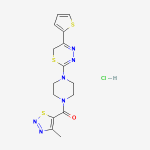 molecular formula C15H17ClN6OS3 B2881267 (4-methyl-1,2,3-thiadiazol-5-yl)(4-(5-(thiophen-2-yl)-6H-1,3,4-thiadiazin-2-yl)piperazin-1-yl)methanone hydrochloride CAS No. 1351620-87-5