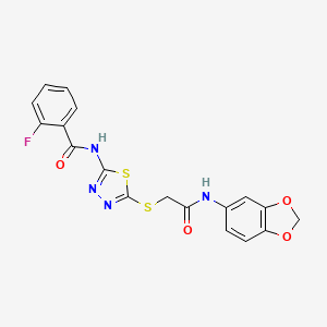 molecular formula C18H13FN4O4S2 B2881323 N-(5-((2-(benzo[d][1,3]dioxol-5-ylamino)-2-oxoethyl)thio)-1,3,4-thiadiazol-2-yl)-2-fluorobenzamide CAS No. 893133-42-1