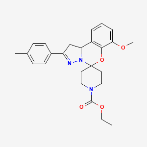 molecular formula C25H29N3O4 B2881452 ethyl 10'-methoxy-4'-(4-methylphenyl)-8'-oxa-5',6'-diazaspiro[piperidine-4,7'-tricyclo[7.4.0.0^{2,6}]tridecane]-1'(9'),4',10',12'-tetraene-1-carboxylate CAS No. 899727-84-5