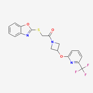 molecular formula C18H14F3N3O3S B2881522 2-(1,3-benzoxazol-2-ylsulfanyl)-1-(3-{[6-(trifluoromethyl)pyridin-2-yl]oxy}azetidin-1-yl)ethan-1-one CAS No. 2034575-35-2