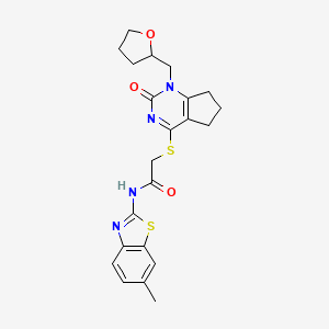 molecular formula C22H24N4O3S2 B2881544 N-(6-methyl-1,3-benzothiazol-2-yl)-2-({2-oxo-1-[(oxolan-2-yl)methyl]-1H,2H,5H,6H,7H-cyclopenta[d]pyrimidin-4-yl}sulfanyl)acetamide CAS No. 899993-40-9