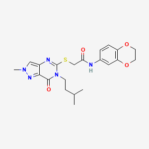 molecular formula C21H25N5O4S B2881581 N-(2,3-dihydro-1,4-benzodioxin-6-yl)-2-{[2-methyl-6-(3-methylbutyl)-7-oxo-2H,6H,7H-pyrazolo[4,3-d]pyrimidin-5-yl]sulfanyl}acetamide CAS No. 2309599-71-9