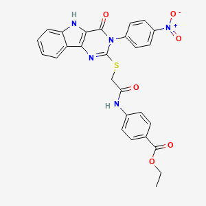 molecular formula C27H21N5O6S B2881602 ethyl 4-(2-((3-(4-nitrophenyl)-4-oxo-4,5-dihydro-3H-pyrimido[5,4-b]indol-2-yl)thio)acetamido)benzoate CAS No. 536716-78-6