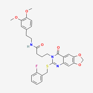 molecular formula C30H30FN3O6S B2881675 N-[2-(3,4-dimethoxyphenyl)ethyl]-4-(6-{[(2-fluorophenyl)methyl]sulfanyl}-8-oxo-2H,7H,8H-[1,3]dioxolo[4,5-g]quinazolin-7-yl)butanamide CAS No. 688060-46-0