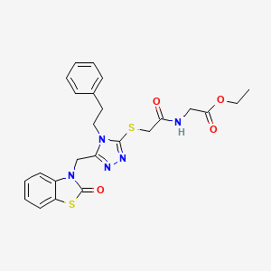 molecular formula C24H25N5O4S2 B2881821 ethyl 2-(2-((5-((2-oxobenzo[d]thiazol-3(2H)-yl)methyl)-4-phenethyl-4H-1,2,4-triazol-3-yl)thio)acetamido)acetate CAS No. 896677-81-9