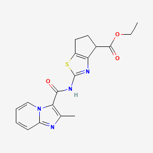 molecular formula C18H18N4O3S B2881962 ethyl 2-(2-methylimidazo[1,2-a]pyridine-3-carboxamido)-5,6-dihydro-4H-cyclopenta[d]thiazole-4-carboxylate CAS No. 1203385-79-8