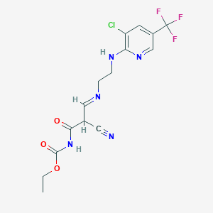 molecular formula C15H15ClF3N5O3 B2881968 ethyl N-{3-[(2-{[3-chloro-5-(trifluoromethyl)-2-pyridinyl]amino}ethyl)imino]-2-cyanopropanoyl}carbamate CAS No. 306977-21-9